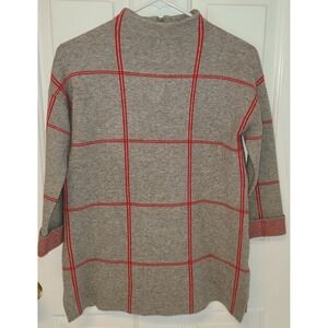 TAHARI Window Pain Plaid Boxy Cut Mock Neck Gray Red Sweater Women XS